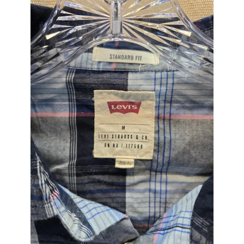 Levis Mens Western Pearl Snap Shirt Blue Plaid Long Sleeve Standard Fit Medium